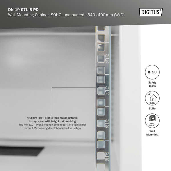 Naar omschrijving van DN-19-07U-S-PD - 7U wall mounting cabinet, SOHO, unmounted 370x540x400 mm, perforated front door, grey