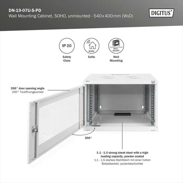 Naar omschrijving van DN-19-07U-S-PD - 7U wall mounting cabinet, SOHO, unmounted 370x540x400 mm, perforated front door, grey