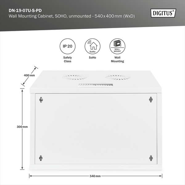 Naar omschrijving van DN-19-07U-S-PD - 7U wall mounting cabinet, SOHO, unmounted 370x540x400 mm, perforated front door, grey