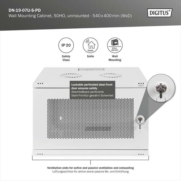 Naar omschrijving van DN-19-07U-S-PD - 7U wall mounting cabinet, SOHO, unmounted 370x540x400 mm, perforated front door, grey