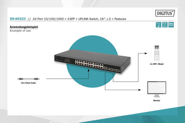 Naar omschrijving van DN-80223 - 24 Port GE  4 SFP+ UPLINK L2+ Switch 24 Port 10/100/1000+4SFP+ UPLINK Switch