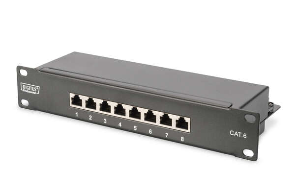Naar omschrijving van DN-91608S - CAT 6, Class E patch panel, shielded, 8-port RJ45 8P8C, LSA, 1U, 254 mm(10