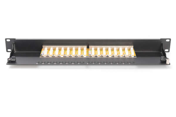 Naar omschrijving van DN-91616S-B - CAT 6, Class E patch panel, shielded, 16-port RJ45, 8P8C, LSA, 1U, rack mount, black, 482x44x109