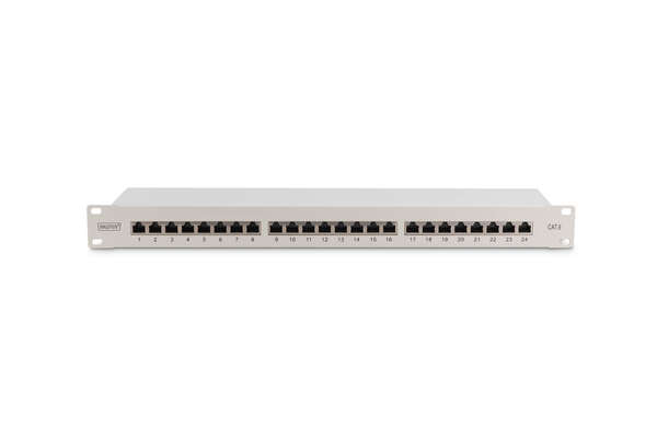 Naar omschrijving van DN-91624S - CAT 6 patch panel, shielded, 24-port RJ45, 8P8C, LSA, 1U, rack mount, grey, 482x44x109 mm