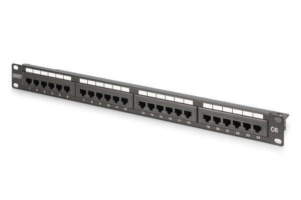 Naar omschrijving van DN-91624U-CR - DIGITUS CAT 6, Class E Patch Panel, unshielded 24-port RJ45, 8P8C, LSA, 1U, Rack Mount