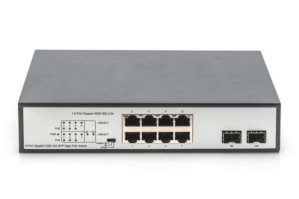 Naar omschrijving van DN-95140 - 8 Port Gigabit Switch 8xRJ45 (6xPoE)+ 2G SFP 180W Support 802.3 af/at/bt standard