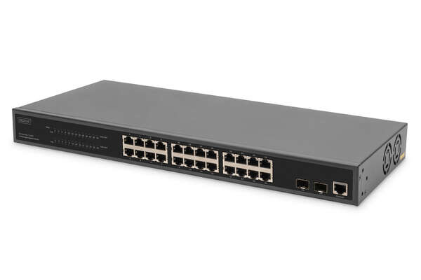 Naar omschrijving van DN-95359 - DIGITUS 24-Port Gigabit PoE Networkswitch, 19 inch, L2 managed, 2 SFP Ports