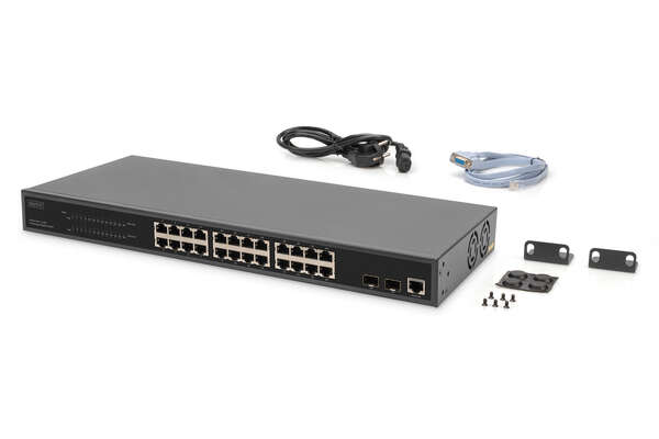 Naar omschrijving van DN-95359 - DIGITUS 24-Port Gigabit PoE Networkswitch, 19 inch, L2 managed, 2 SFP Ports