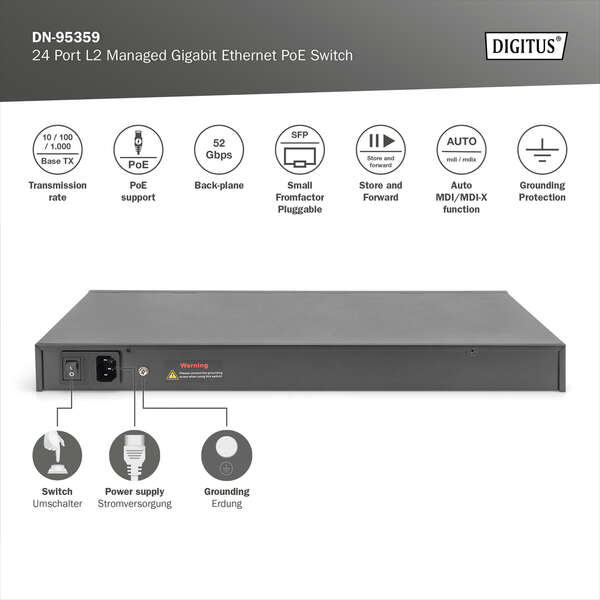 Naar omschrijving van DN-95359 - DIGITUS 24-Port Gigabit PoE Networkswitch, 19 inch, L2 managed, 2 SFP Ports