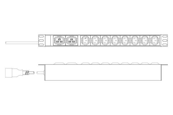 Naar omschrijving van DN-95427 - 1U Aluminum PDU, rackmountable, 8 x C13, 2 x C19 16A, 230VAC, 50/60Hz, IEC C20 plug