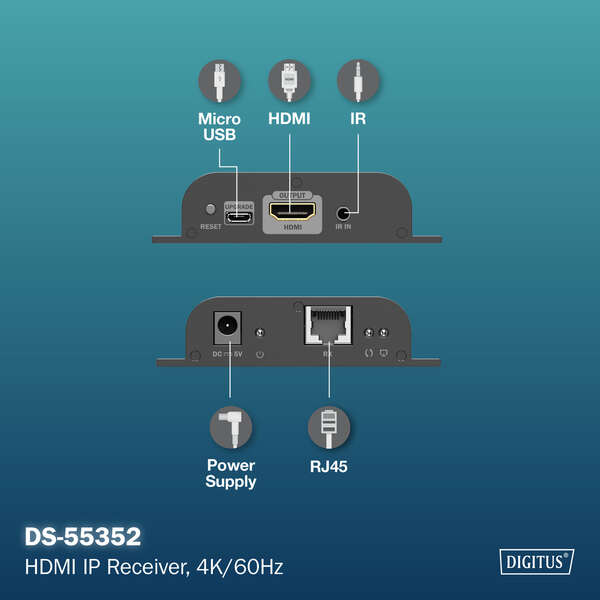 Naar omschrijving van DS-55352 - HDMI Receiver for DS-55351, 4K/60Hz 120/200 m, One-to-Many, CAT, Black