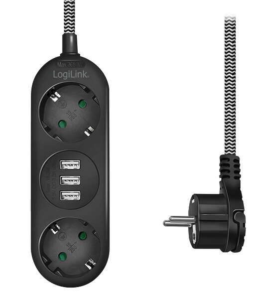 Naar omschrijving van LPS262U - Outlet Strip, 3 safety sockets, w/ 3x USB Port, w/ textile cable, black