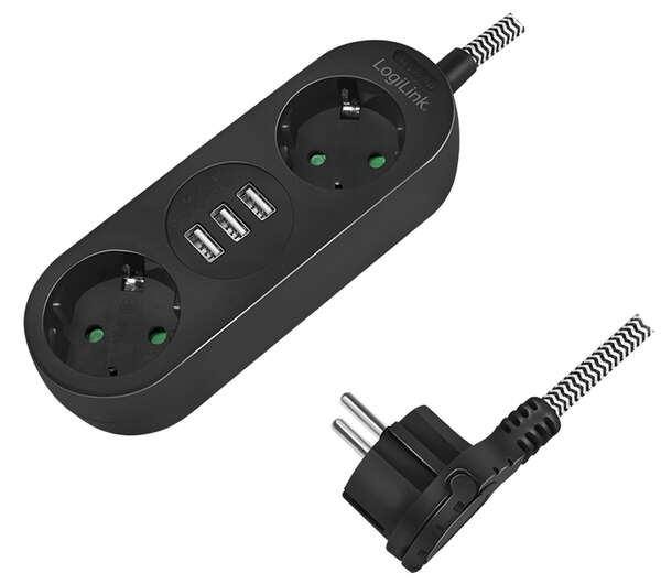 Naar omschrijving van LPS262U - Outlet Strip, 3 safety sockets, w/ 3x USB Port, w/ textile cable, black
