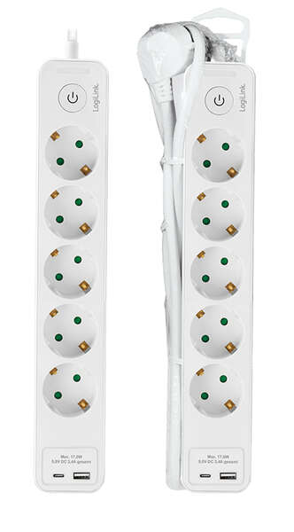 Naar omschrijving van LPS280U - Outlet Strip, 5 safety sockets, w/ 1x USB-A, 1x USB-C Port, white