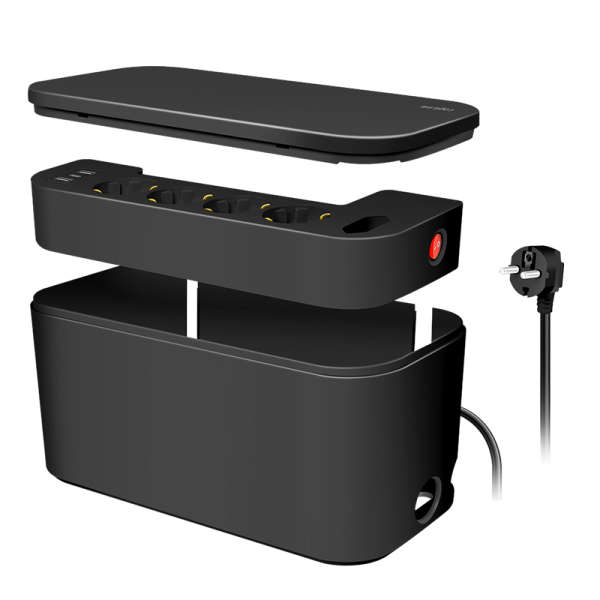 Naar omschrijving van LPS282U - Kabelbox met 5-voudige stekkerdoos, 3x USB, 285 x 145 x 13 mm, zwart