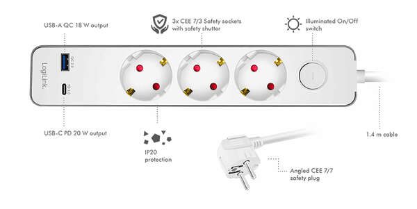 Naar omschrijving van LPS287U - Outlet Strip, 3 safety sockets, w/ 1x USB-A, 1x USB-C, 20W PD, w/ push switch