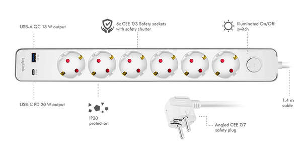 Naar omschrijving van LPS288U - Outlet Strip, 6 safety sockets, w/ 1x USB-A, 1x USB-C, 20W PD, w/ push switch