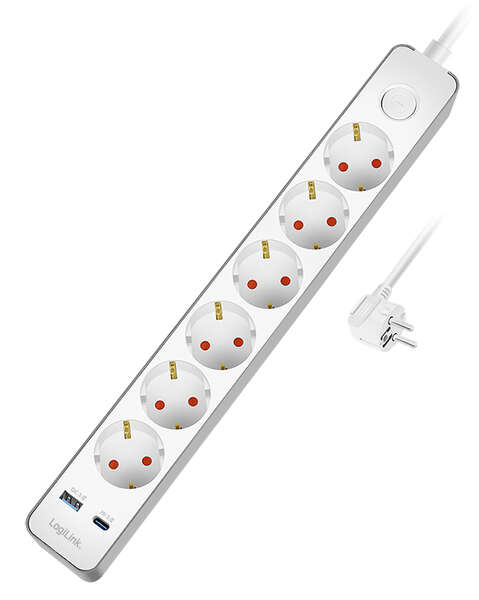 Naar omschrijving van LPS288U - Outlet Strip, 6 safety sockets, w/ 1x USB-A, 1x USB-C, 20W PD, w/ push switch