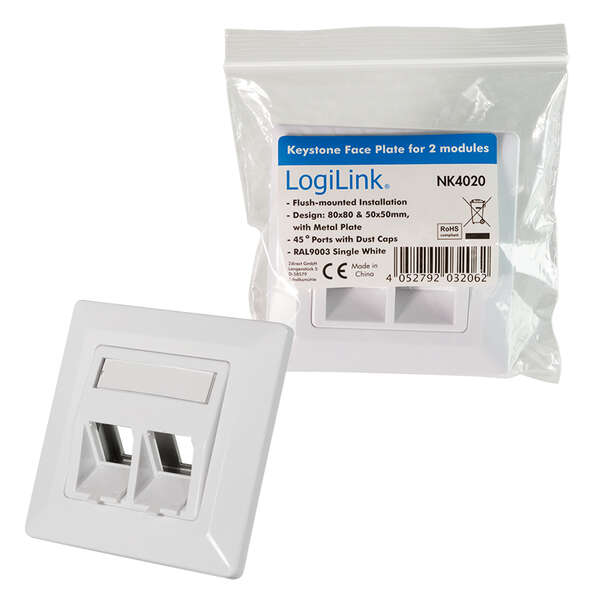 Naar omschrijving van NK4020 - Keystone Faceplate 45° for 2 modules, signal white Ral 9003
