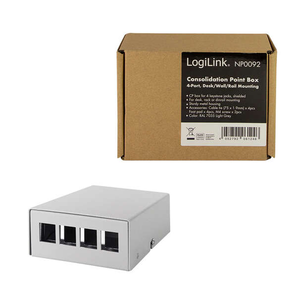 Naar omschrijving van NP0092 - Consolidation point box  4-port, desk/wall/rail mounting, grey