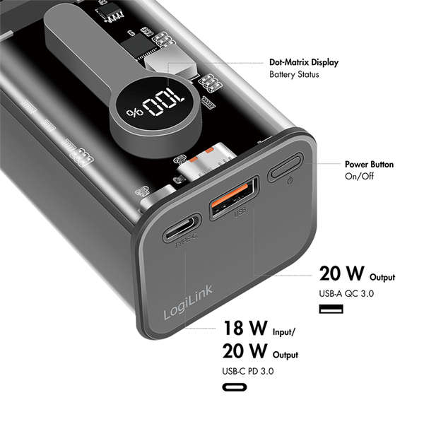 Naar omschrijving van PA0306 - Power bank 10000 mAh, 1x USB-A, 1x USB-C, with display, PD & QC, transp.