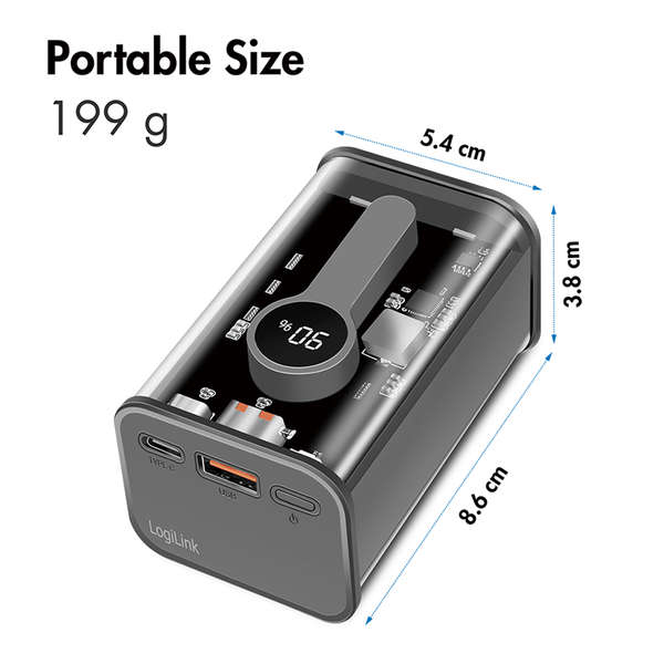 Naar omschrijving van PA0306 - Power bank 10000 mAh, 1x USB-A, 1x USB-C, with display, PD & QC, transp.