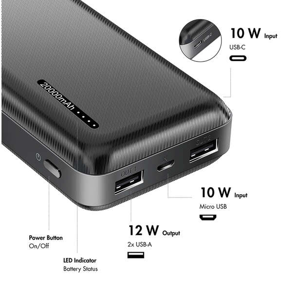 Naar omschrijving van PA0323 - Mobile Power Bank, LiPo, 20.000 mAh, black