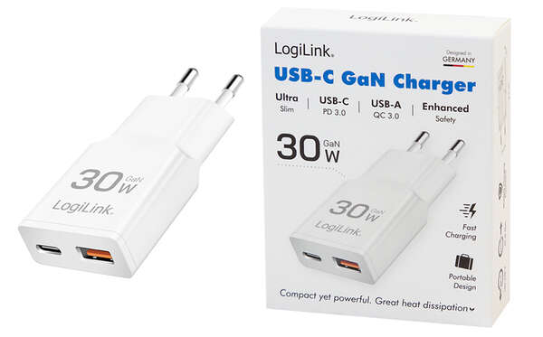 Naar omschrijving van PA0348 - USB Wall Charger, GaN, 2port, USB-AF & USB-CF, PD 30W, slim, white