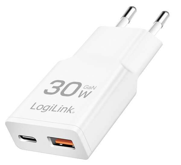 Naar omschrijving van PA0348 - USB Wall Charger, GaN, 2port, USB-AF & USB-CF, PD 30W, slim, white