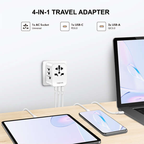 Naar omschrijving van PA0356 - Universal travelling power supply, 20 W (PD), 4x connections, white