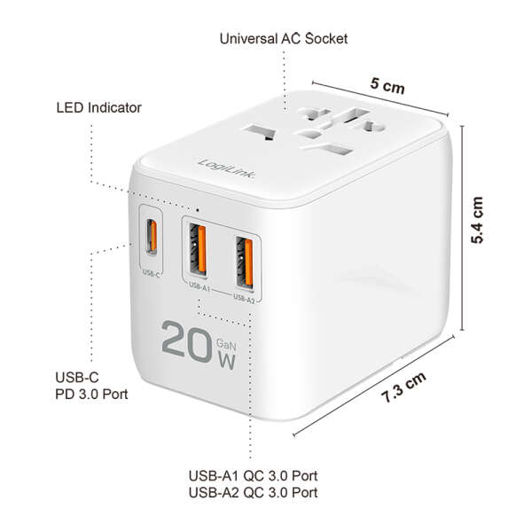 Naar omschrijving van PA0356 - Universal travelling power supply, 20 W (PD), 4x connections, white