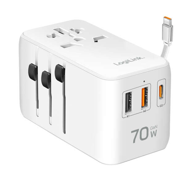 Naar omschrijving van PA0357 - Universal travel power supply, 70 W (PD), 4x connections + cable, white
