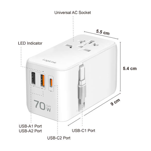 Naar omschrijving van PA0357 - Universal travel power supply, 70 W (PD), 4x connections + cable, white