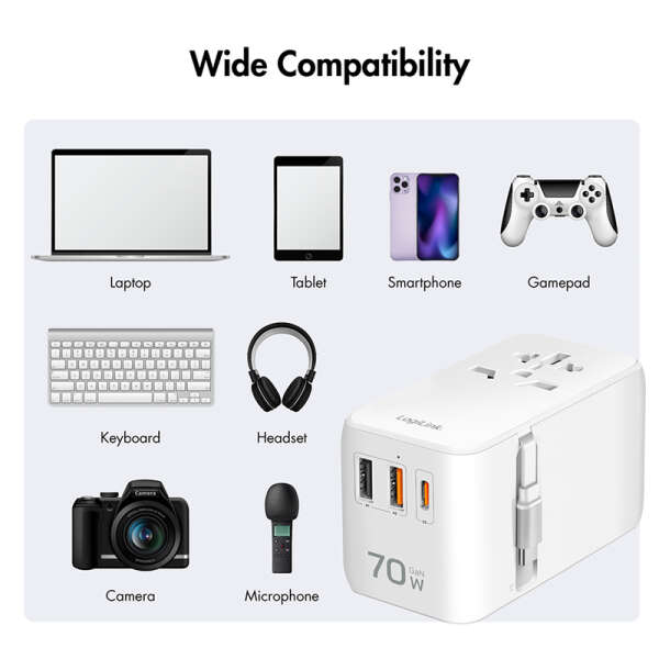 Naar omschrijving van PA0357 - Universal travel power supply, 70 W (PD), 4x connections + cable, white