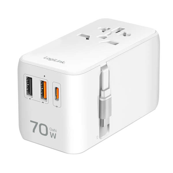 Naar omschrijving van PA0357 - Universal travel power supply, 70 W (PD), 4x connections + cable, white