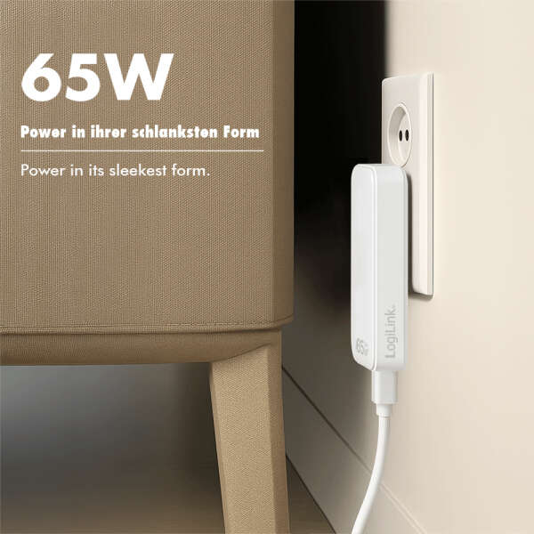 Naar omschrijving van PA0368 - USB-A/C charger, 65 W, GaN, 2-port, 1x USB-A (QC), 1x USB-C (PD), Slim Version,  White