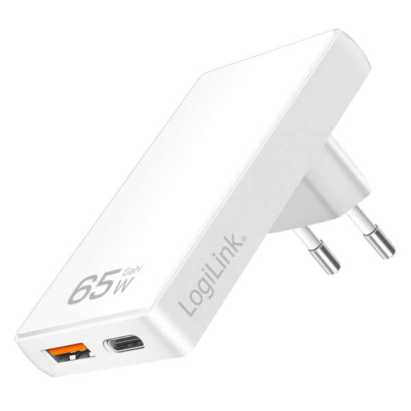 Naar omschrijving van PA0368 - USB-A/C charger, 65 W, GaN, 2-port, 1x USB-A (QC), 1x USB-C (PD), Slim Version,  White