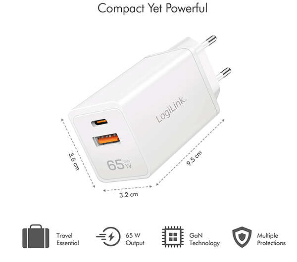 Naar omschrijving van PA0371 - USB Wall Charger, 2port, GaN, USB-AF & USB-CF , 65W, PD3.0 & QC4.0
