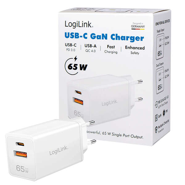 Naar omschrijving van PA0371 - USB Wall Charger, 2port, GaN, USB-AF & USB-CF , 65W, PD3.0 & QC4.0
