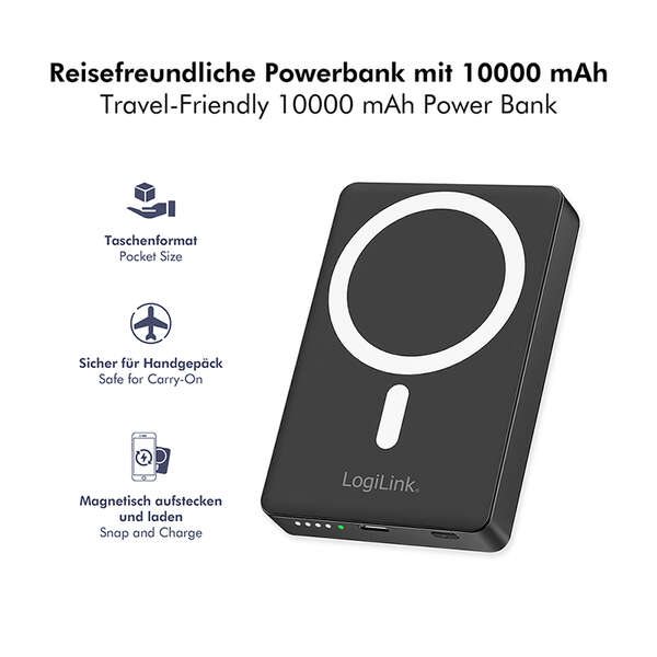 Naar omschrijving van PA0391 - Magnetic Power Bank, 10.000 mAh, USB-C, PD 20 W, w/stand, black
