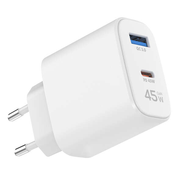 Naar omschrijving van PA0410 - USB Wall Charger, GaN, 2port, USB-AF & USB-CF, 45W, w/PD, white