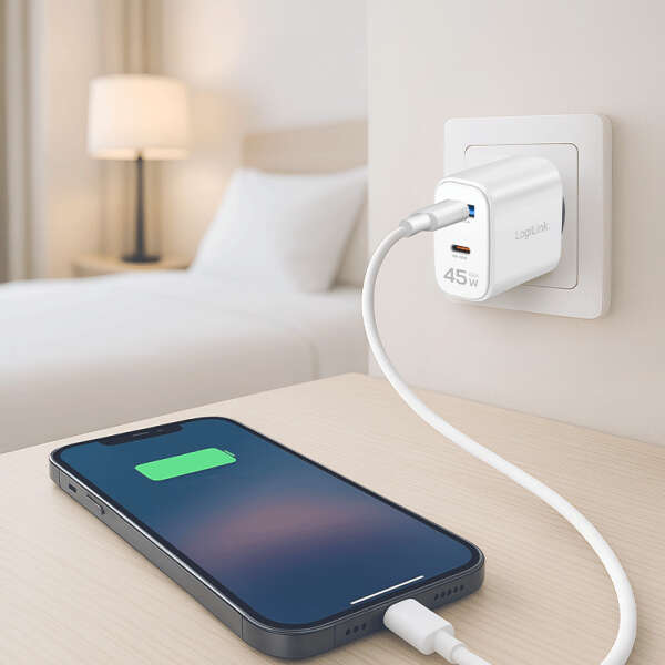 Naar omschrijving van PA0410 - USB Wall Charger, GaN, 2port, USB-AF & USB-CF, 45W, w/PD, white