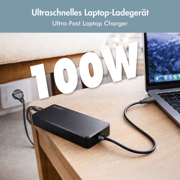 Naar omschrijving van PA0414 - Slim universal USB-C power adapter with fixed cable, 100 W (PD) for laptops, tablets.