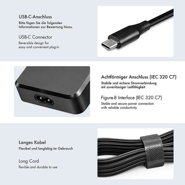Naar omschrijving van PA0414 - Slim universal USB-C power adapter with fixed cable, 100 W (PD) for laptops, tablets.