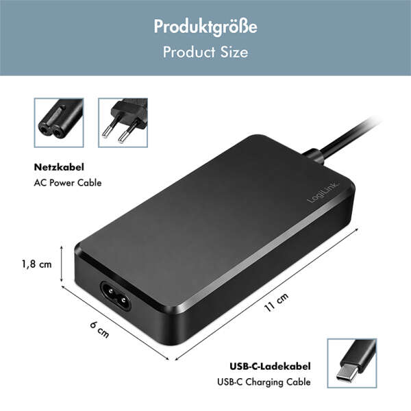 Naar omschrijving van PA0414 - Slim universal USB-C power adapter with fixed cable, 100 W (PD) for laptops, tablets.