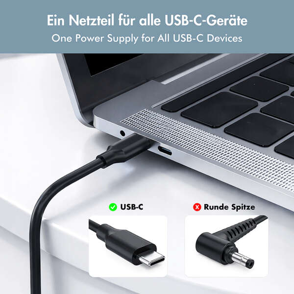 Naar omschrijving van PA0414 - Slim universal USB-C power adapter with fixed cable, 100 W (PD) for laptops, tablets.