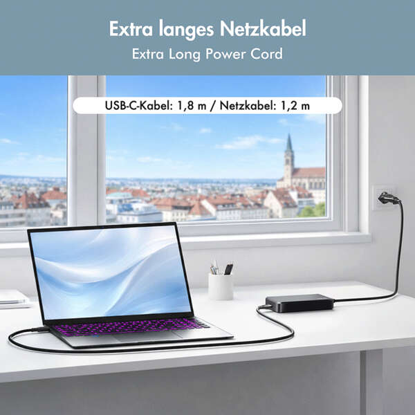Naar omschrijving van PA0414 - Slim universal USB-C power adapter with fixed cable, 100 W (PD) for laptops, tablets.
