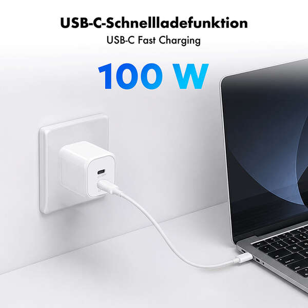 Naar omschrijving van PA0422 - USB-C charger, 100 W, GaN, 2-port, 2x USB-C (PD),  White