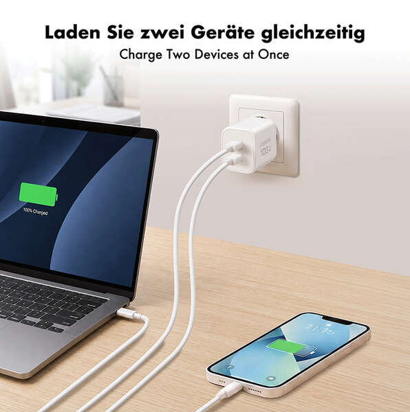 Naar omschrijving van PA0422 - USB-C charger, 100 W, GaN, 2-port, 2x USB-C (PD),  White