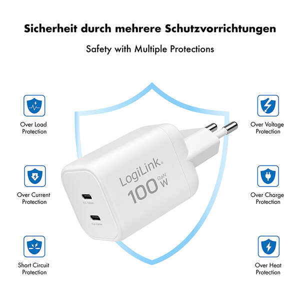 Naar omschrijving van PA0422 - USB-C charger, 100 W, GaN, 2-port, 2x USB-C (PD),  White